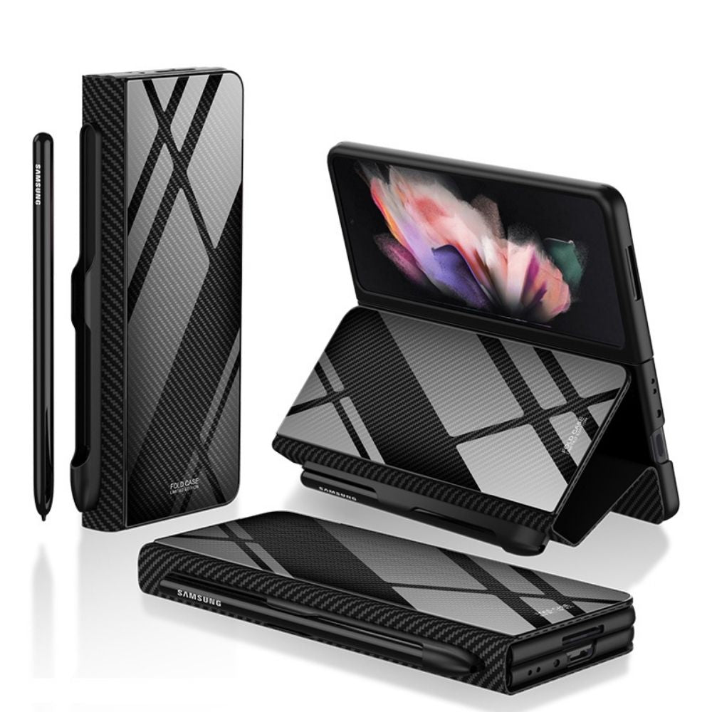 Samsung Galaxy Z Fold 3 Back Cover / Luxury Glass Flip Case With Pen Holder - Aprozone